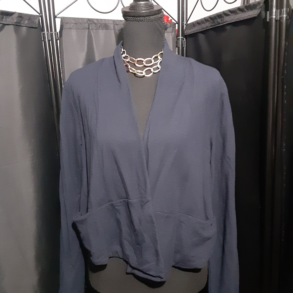 CAbi Dark Blue Women's Cropped Cardigan Size M Pockets Boho Casual